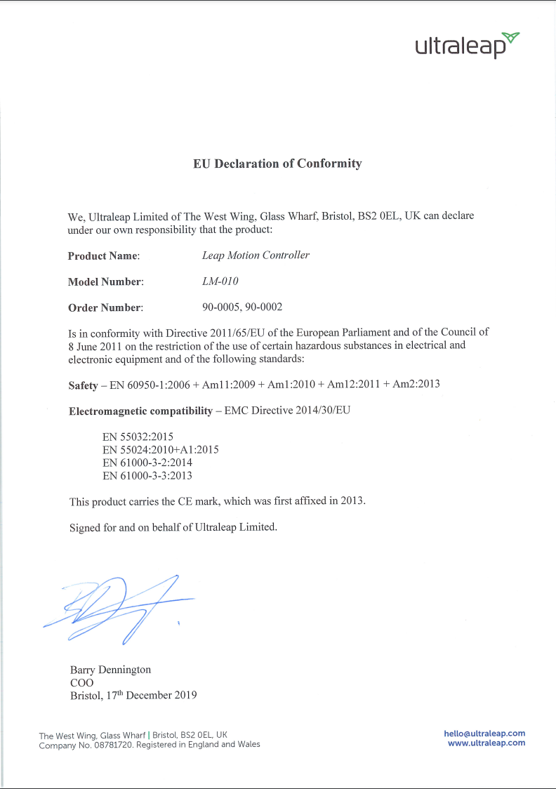 Leap Motion Controller EU Declaration of Conformity