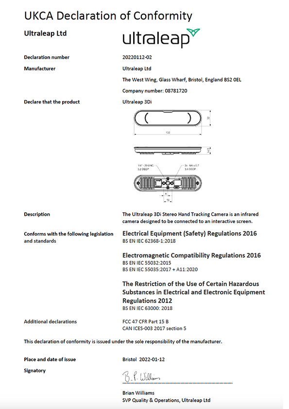 Ultraleap 3Di UKCA certification