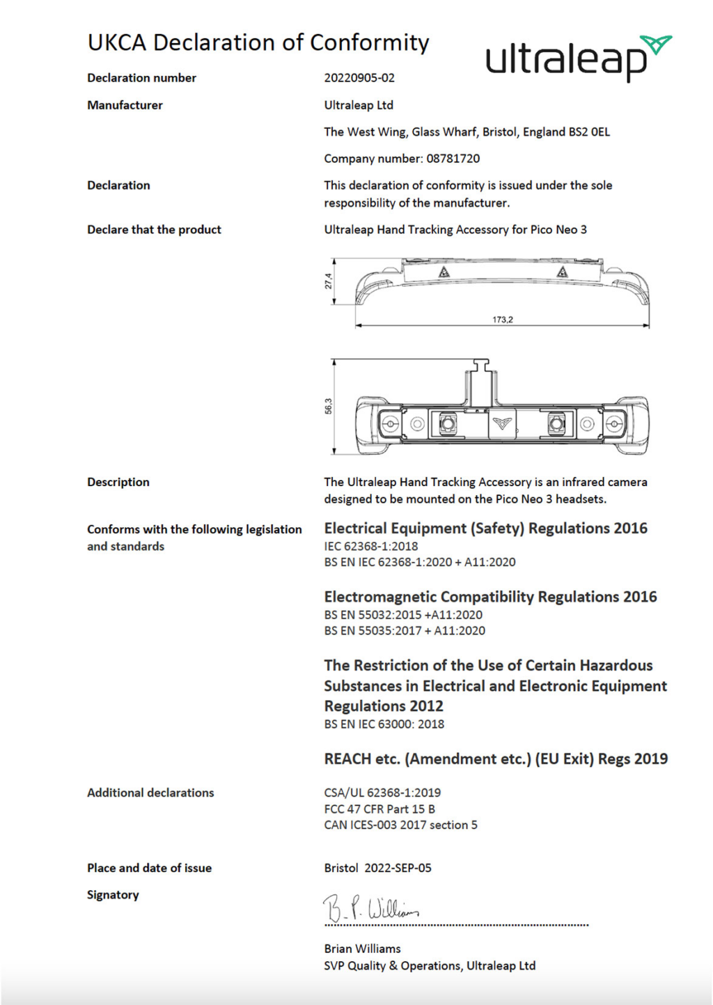 UKCA Declaration of Conformity for Ultraleap Hand Tracking Accessory for Pico Neo 3
